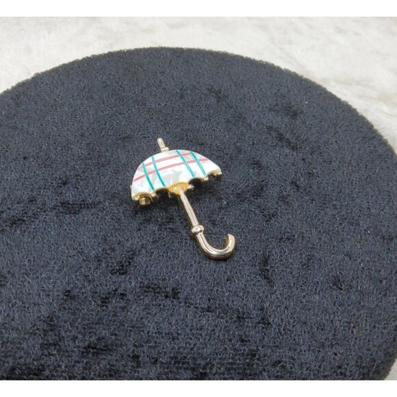 Vintage Gold-Tone Red,Green Enamel Mother of Pearl Umbrella Brooch Pin - Picture 3 of 5